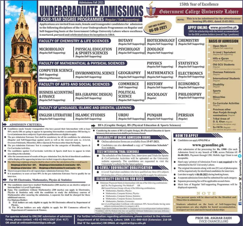 Gcu Lahore Admission 2022 Undergraduate Last Date