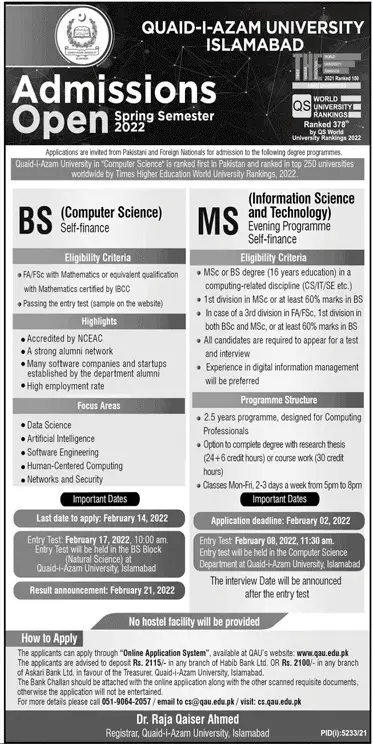 quaid e azam university online admission 2022