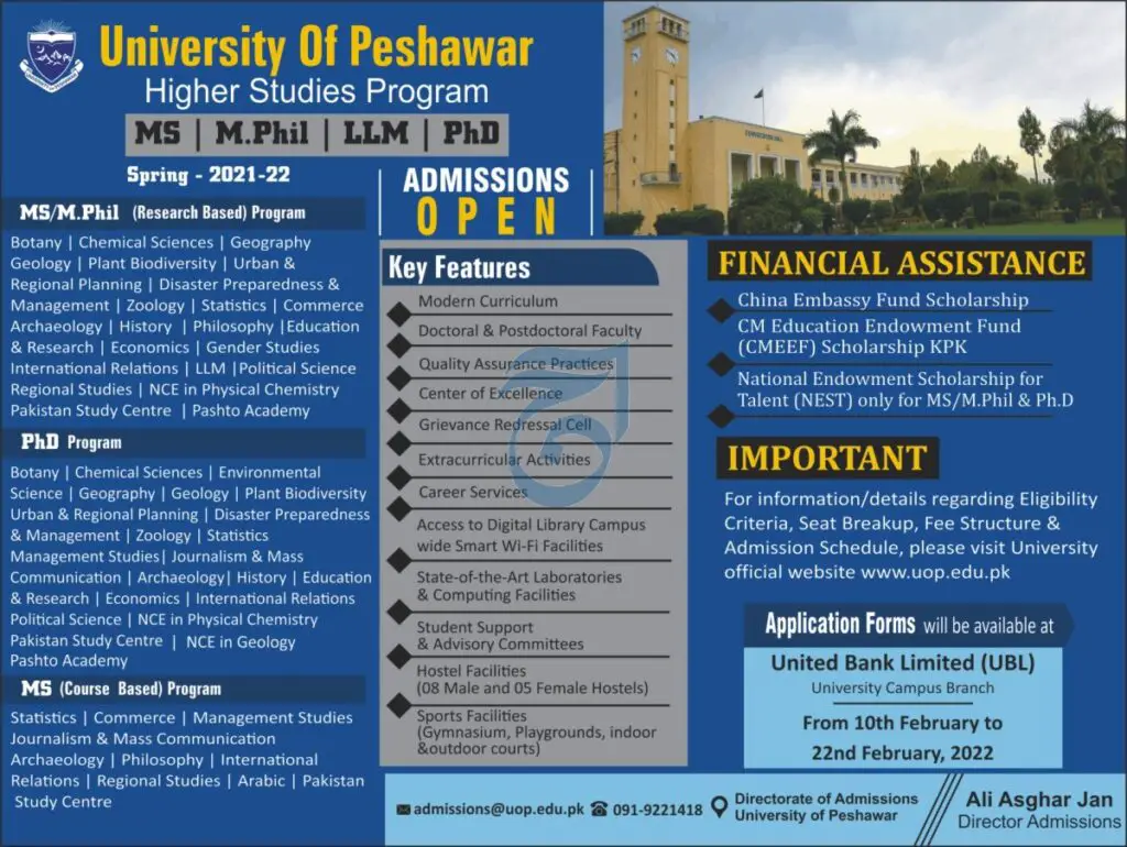 University OF Peshawar M Phil Admission 2022