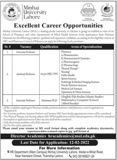 Minhaj University Lahore Jobs 2022